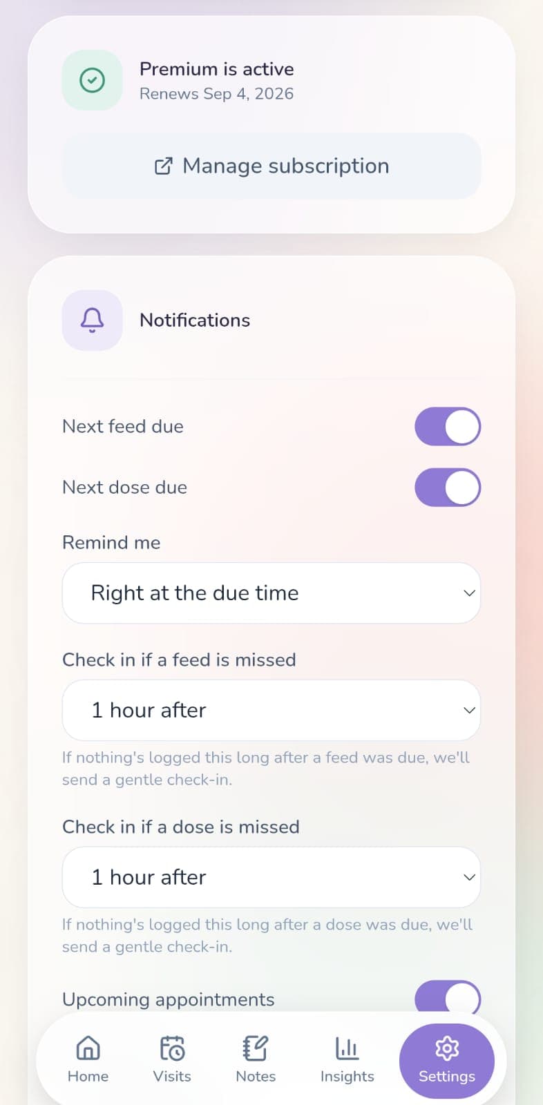 Settings & reminders